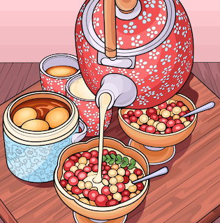 Red floral teapot pouring tea beside bowls of dumplings and colorful snacks on wooden surface