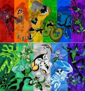 Ben 10 alien characters arranged in a rainbow colored grid layout with various transformations