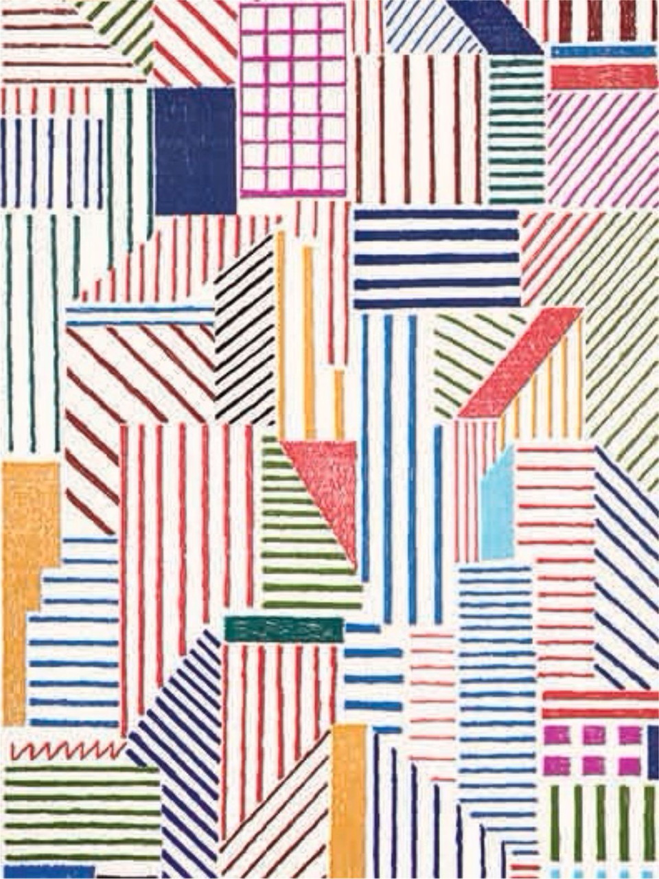 Abstract geometric pattern of colorful striped rectangles and diagonal shapes