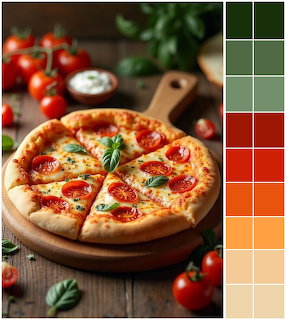 Sliced pizza on wooden board with cherry tomatoes and basil, next to a green and red color palette swatch