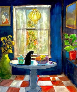 Black cat at table in blue room with window, checkered floor, and potted plants