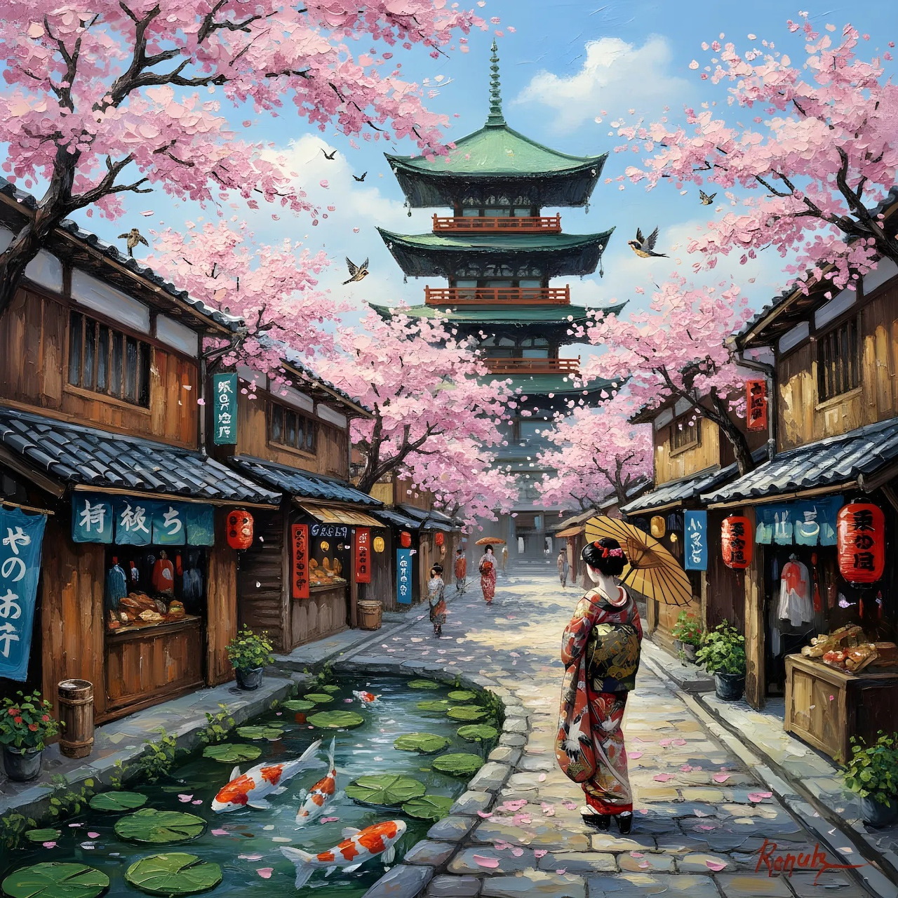 Painting of a Japanese street with cherry blossoms, pagoda, koi stream, and a woman in kimono
