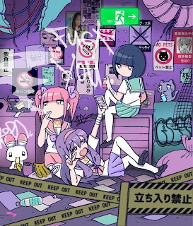 Anime girls with pink and purple hair sitting in a cluttered bedroom with stuffed animals and pastel decorations