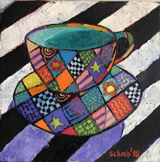 Colorful patchwork teacup and saucer on diagonal striped background, folk art painting style