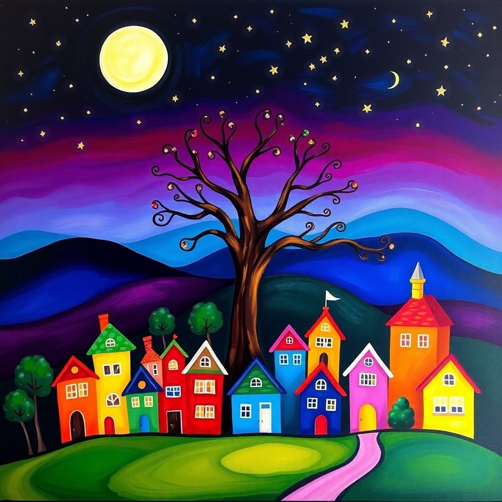 Whimsical night scene with colorful village houses, bare tree silhouette, full moon, and vibrant gradient sky with stars