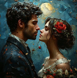 Painting of a romantic couple in profile, facing each other, with a red rose and moonlit blue background