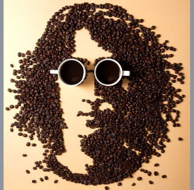 Portrait of Lennon made from coffee beans with round glasses on a beige background