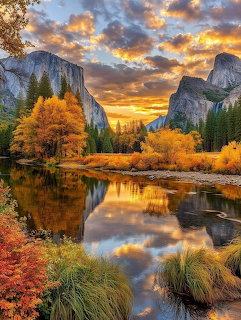 Autumn trees and sunset clouds reflecting in a peaceful mountain lake surrounded by granite cliffs