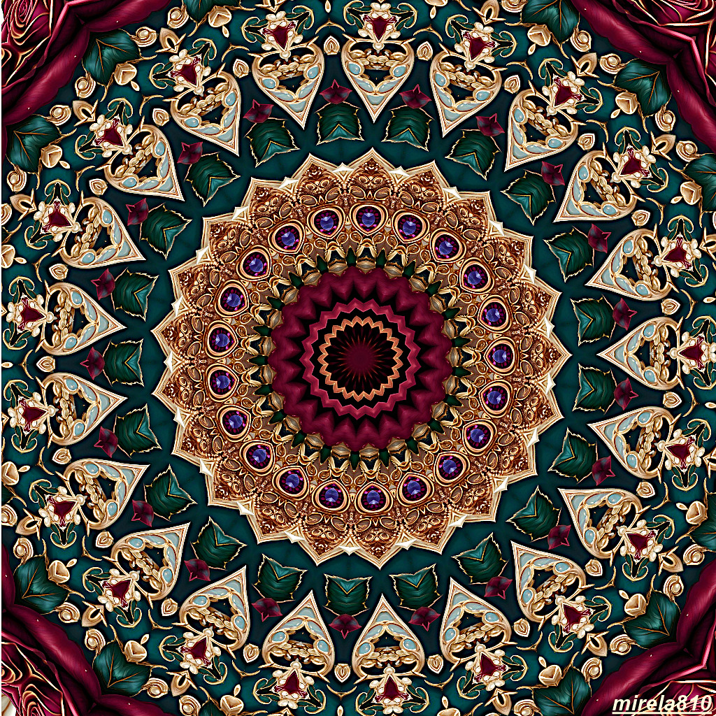 Detailed circular mandala with ornate floral and geometric patterns in rich jewel tones