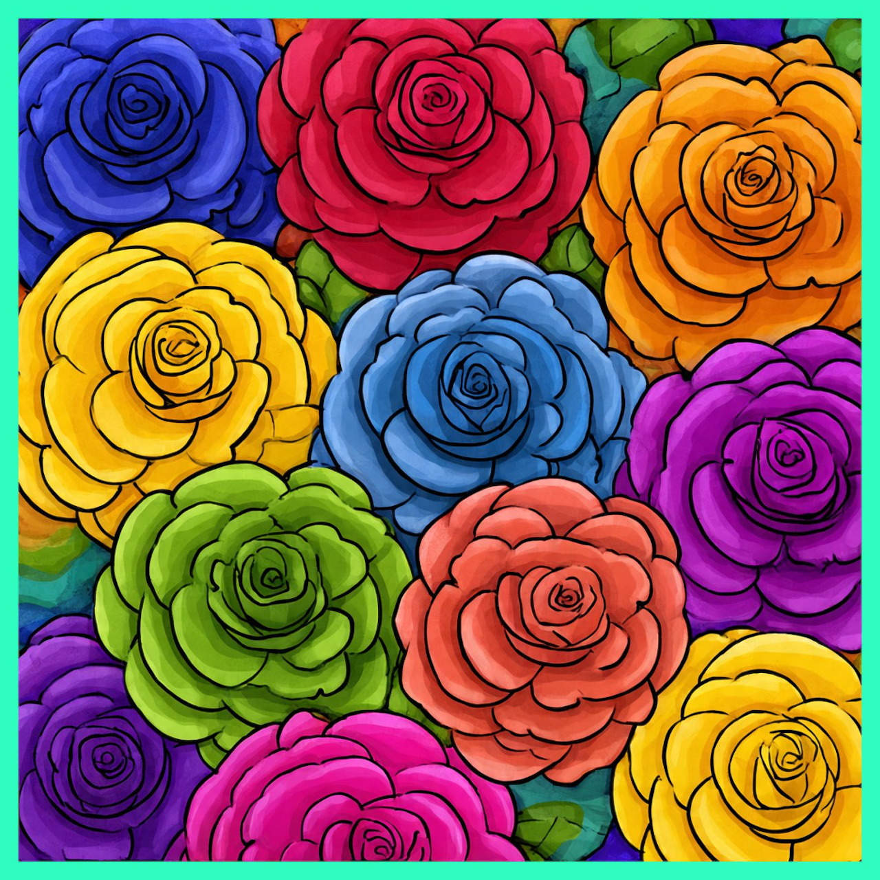 Colorful illustrated roses in rainbow hues arranged together