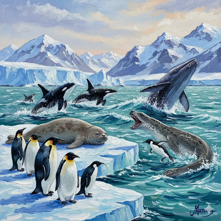 Penguins on ice with orcas, whales, and seals swimming in Arctic waters surrounded by snowy mountains