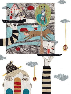 Whimsical collage illustration with deer, boats, clouds, trees, and a stylized face in sureal dreamlike scene