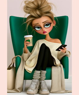 Woman in Green Chair with Coffee
