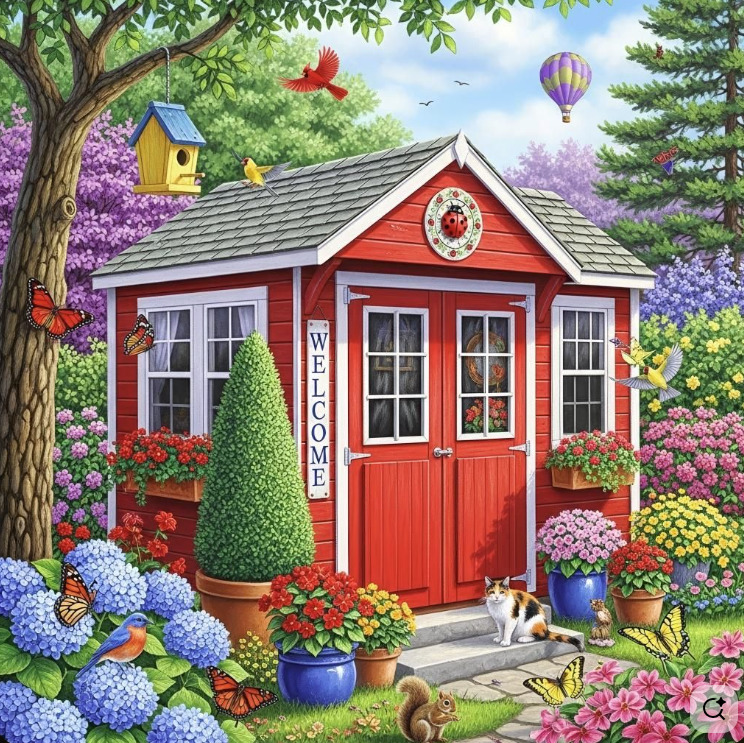 Red garden cabin surrounded by blooming flowers, birds, butterflies, and a small cat
