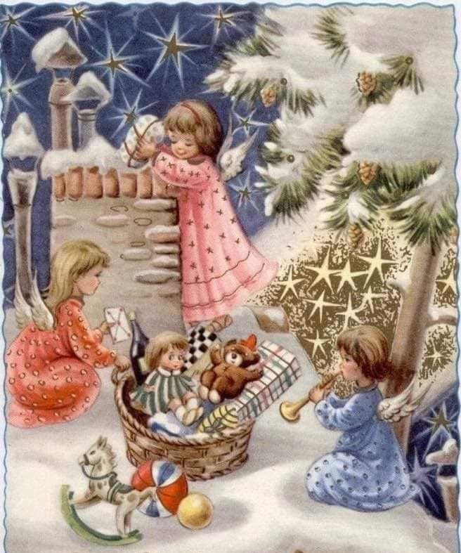 Vintage Christmas illustration with children angels decorating tree and toys in snow