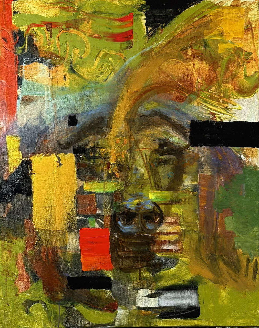 Abstract expressionist painting with distorted face, bold brushstrokes in yellow, green, black and red