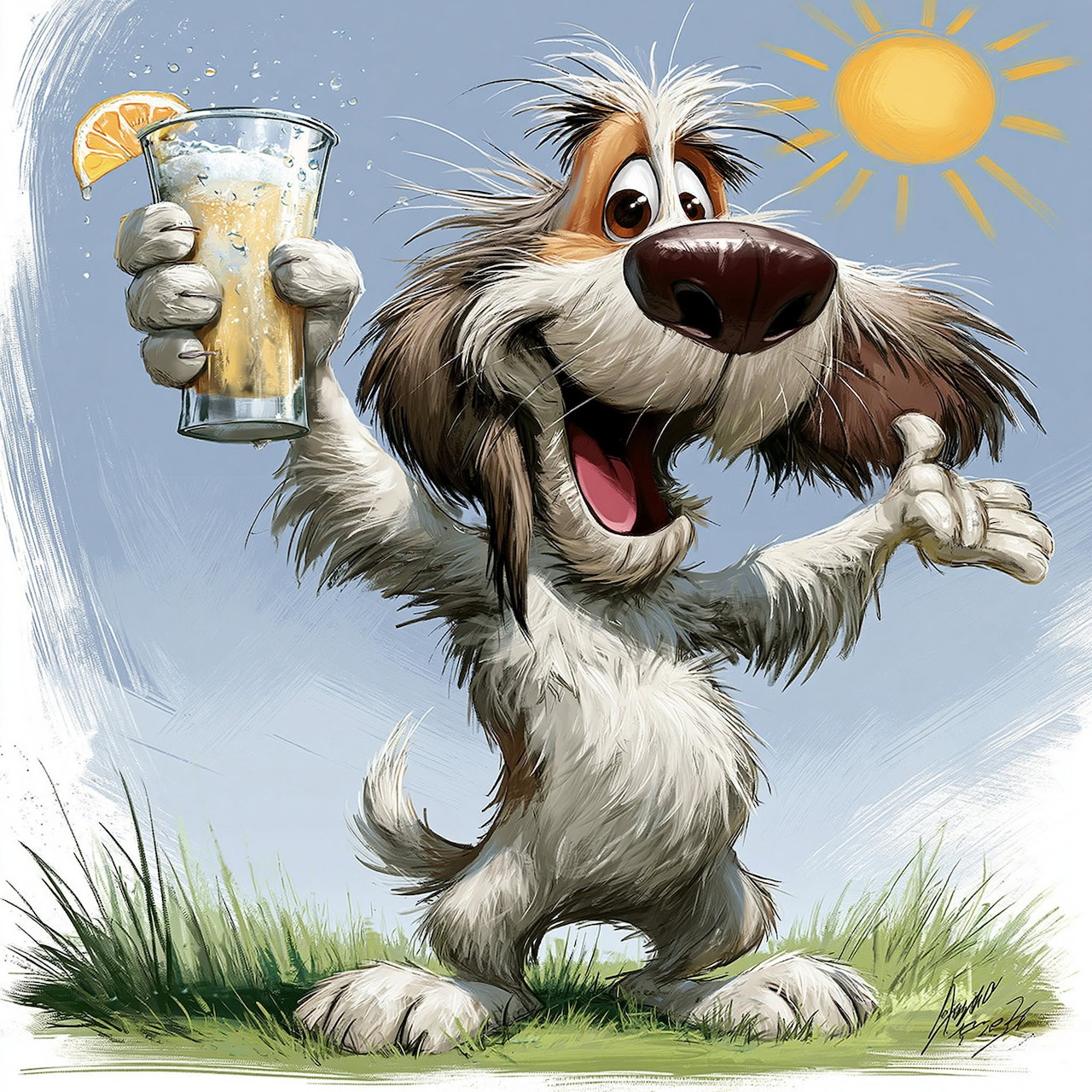 Cartoon dog happily holding a glass of beer outdoors on a sunny day