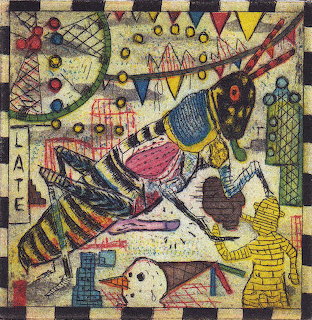 Colorful abstract painting of a grasshopper with geometric patterns and collage textures