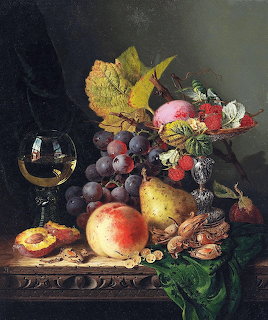 Still life painting of grapes, peaches, pears, nuts, and a glass on a table