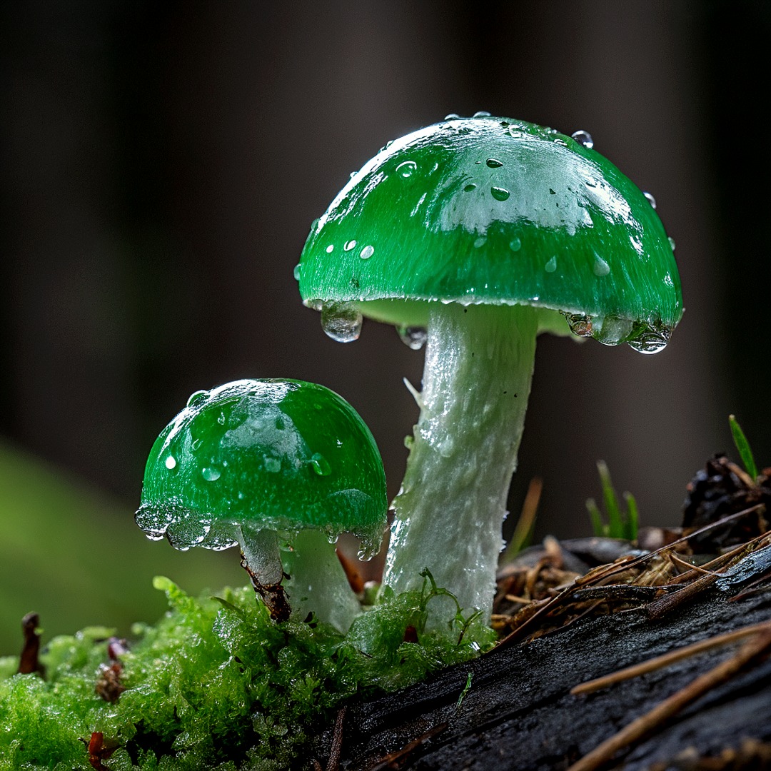 Two bright green mushrooms with water droplets on caps, white stems, growing on mossy wood