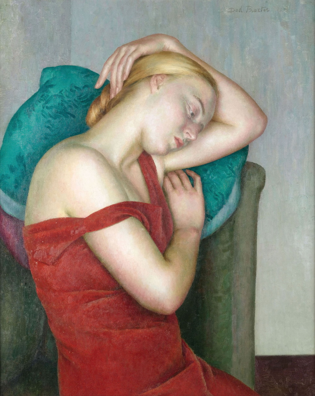 Painting of a blonde woman in a red dress sleeping with her head resting on her arm in a green chair
