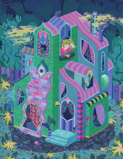 Colorful illustration of a whimsical pink house with green walls and purple windows amid tropical plants