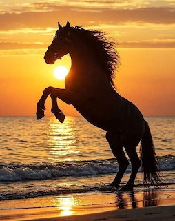 Silhouette of horse rearing on beach at sunset with orange sky and ocean waves
