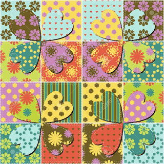 Colorful patchwork grid with patterned hearts and floral designs