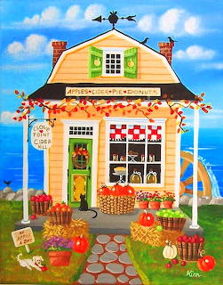 Illustrated garden shop cottage with autumn pumpkins, flowers, and produce displays on a sunny day