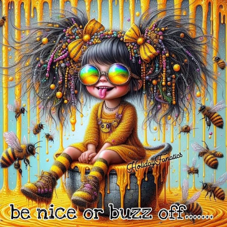 Whimsical illustration of a girl with beaded pigtails and rainbow sunglasses surrounded by bees and honey