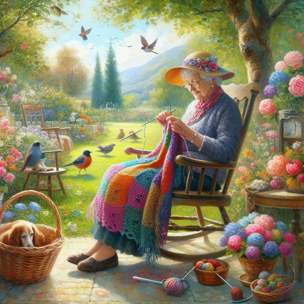 Elderly woman knitting colorful blanket on rocking chair in blooming garden with birds and dog