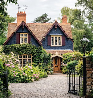 Brick cottage with ivy, peaked roof dormers, garden flowers, and gravel driveway framed by iron gate and stone pillars