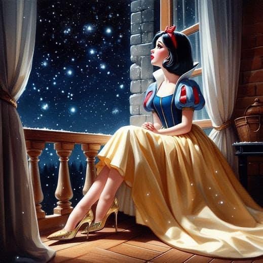 Snow White in blue dress sitting at castle window looking at starry night sky