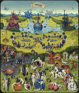 Surreal medieval painting with fantasy creatures and figures in colorful garden landscape