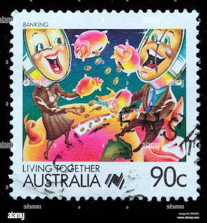 Australian 90c stamp with cartoon characters and 'Living Together' text