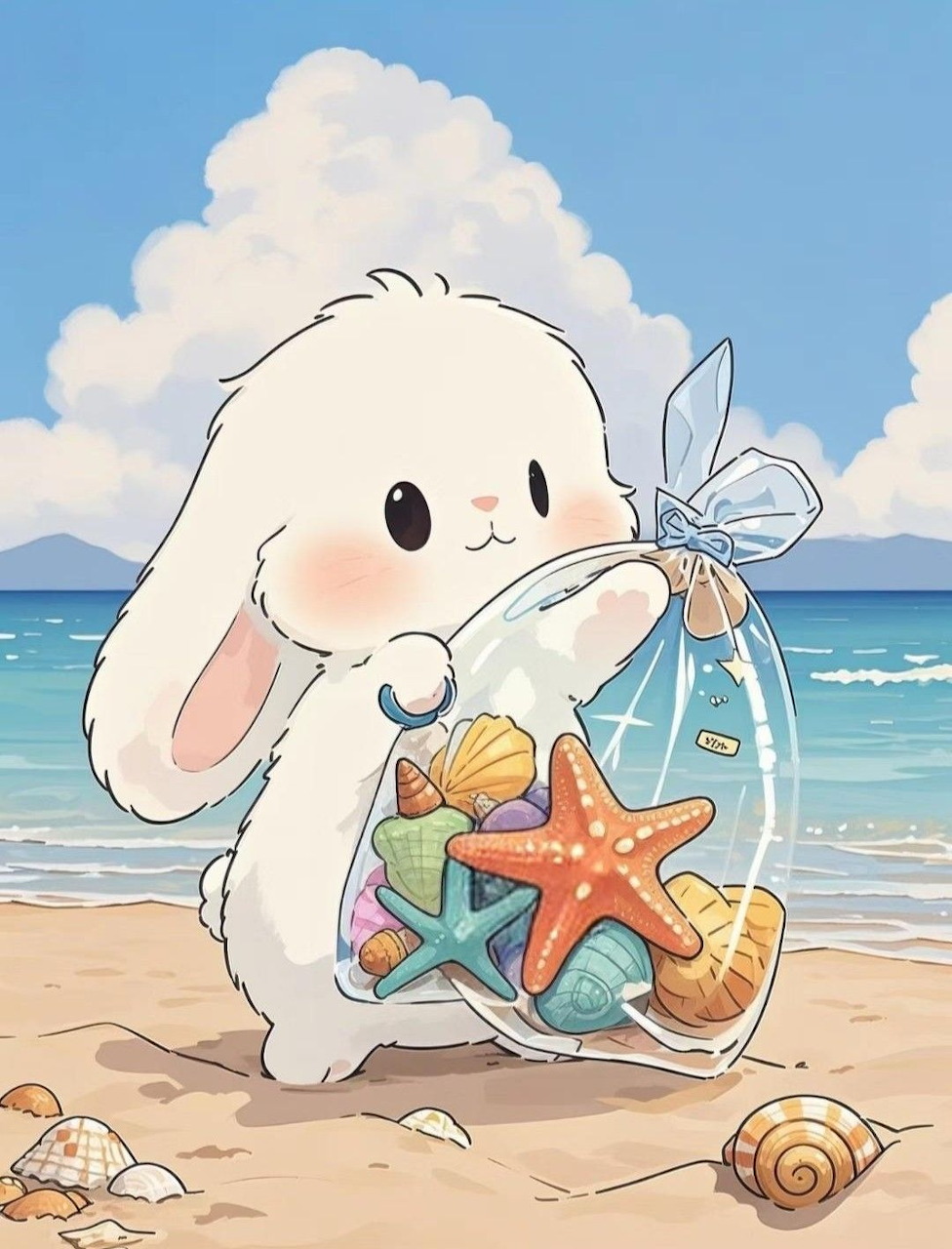 Cute white cartoon bunny holding a jar of starfish and shells on a sandy beach