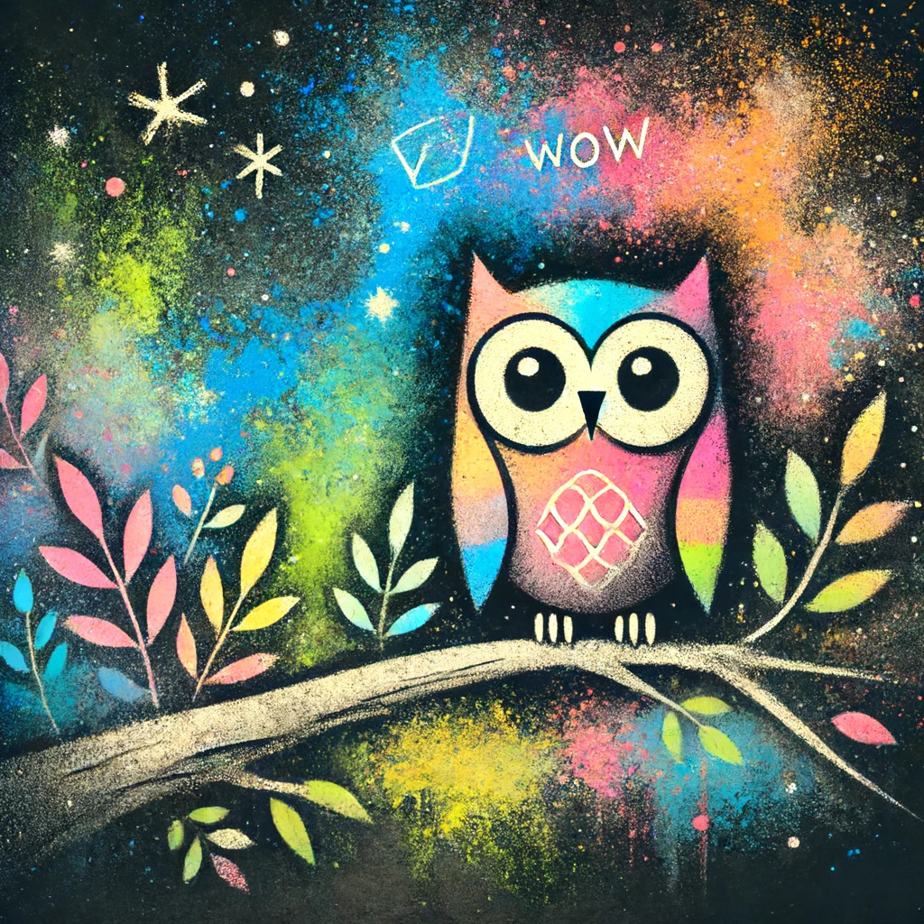 Cartoon owl with big eyes sitting on a branch with colorful galaxy background and decorative plants