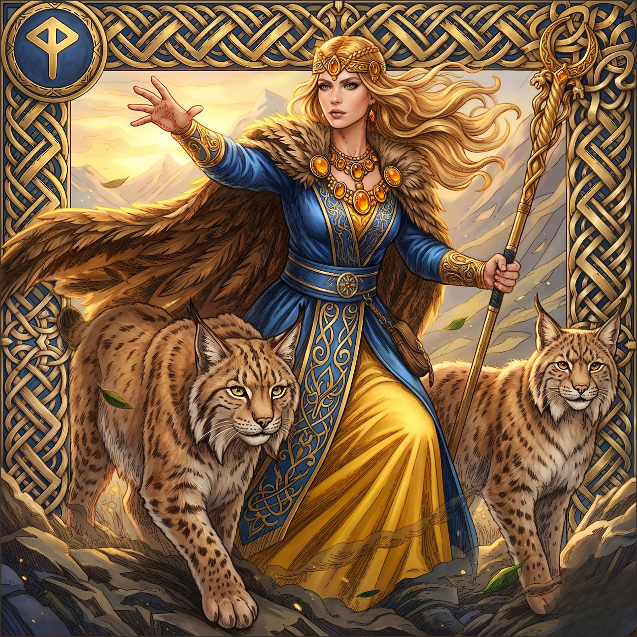 Fantasy warrior queen in blue robes with flowing blonde hair, staff, and two lynx companions in decorative Celtic frame