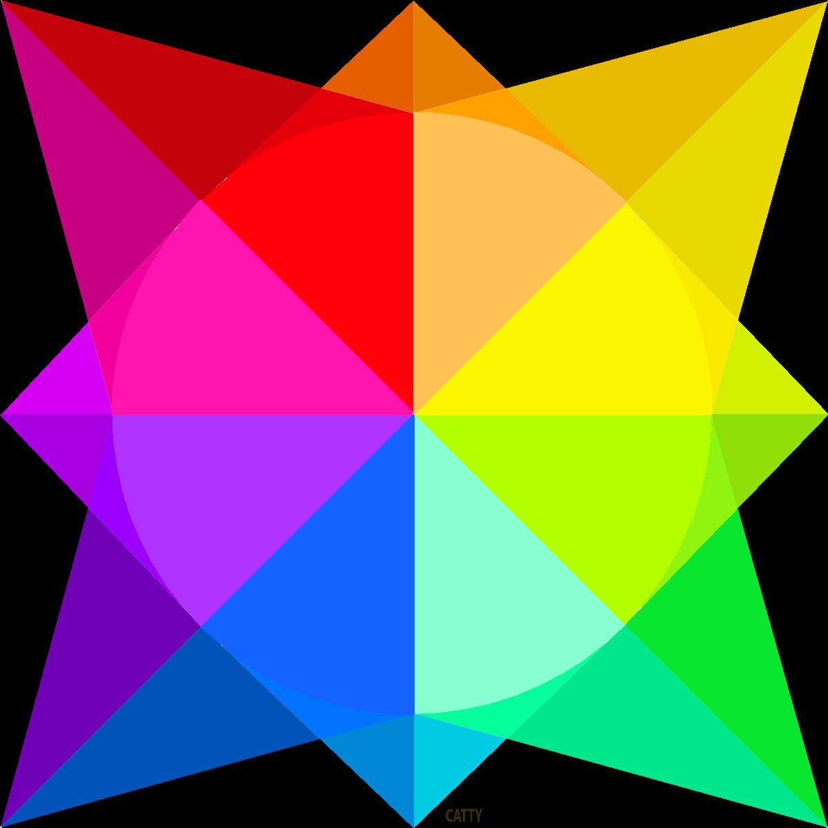 Geometric star with overlapping colored triangles forming a radial rainbow pattern