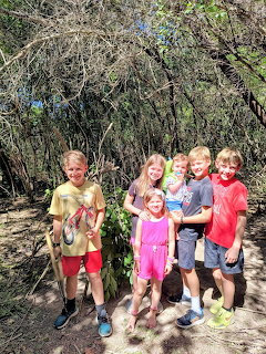 Group of seven children smiling and posing together outdoors surrounded by green bushes