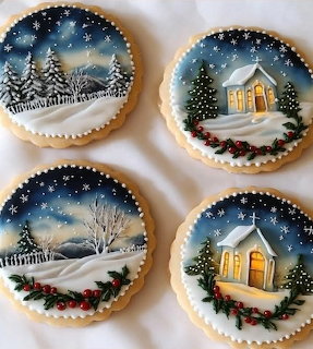 Four round Christmas cookies decorated with painted winter scenes of churches, snow-covered trees, and wreaths