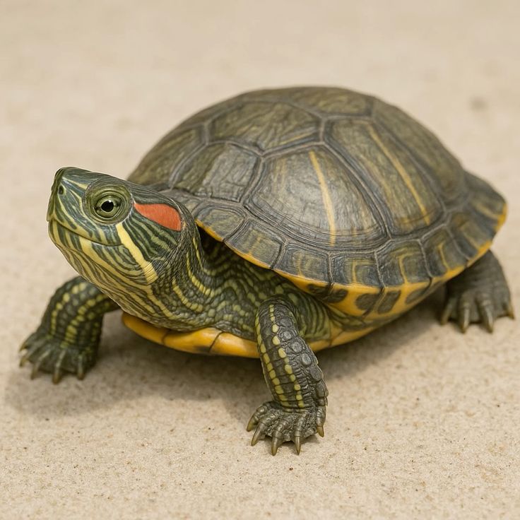 Red-eared slider turtle resting on pale sand with its head and legs extended.
