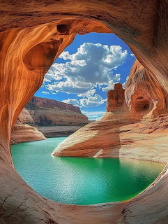 Turquoise lake water framed by orange sandstone arch with blue sky and clouds at Lake Powell, Utah