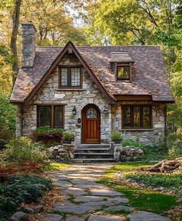 Stone cottage with arched wooden door surrounded by autumn trees and stone pathway