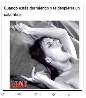 Black and white meme photo of a couple in bed with Spanish text about leg cramps and LOVE text overlay