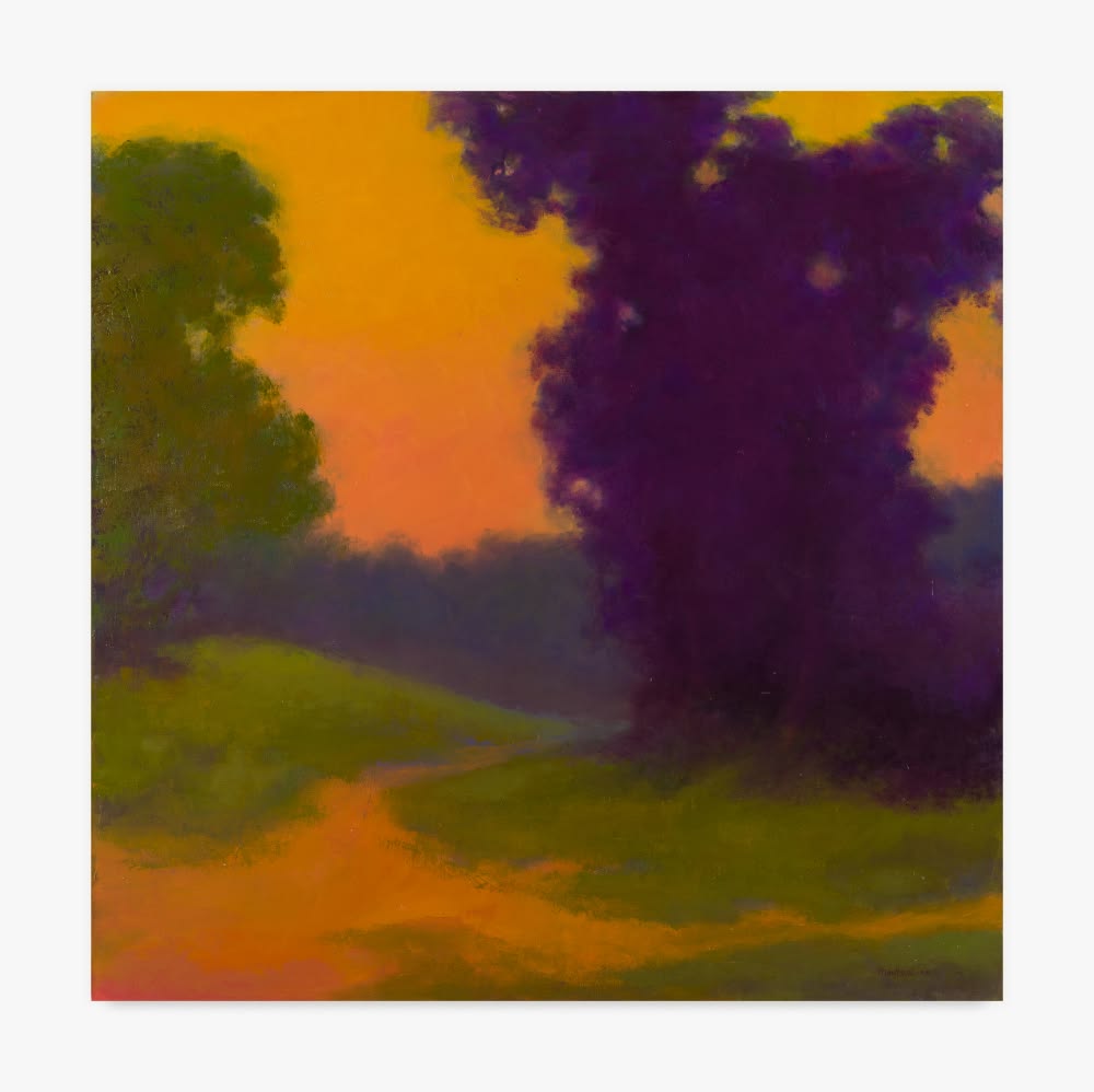 Abstract landscape painting with trees and a winding path in orange, purple, and green hues