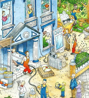 Cartoon illustration of multiple workers renovating a blue house with ladders and construction materials