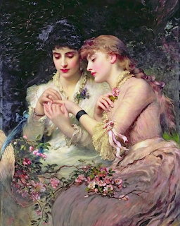 Two women in classical dress examining flowers in a romantic Victorian painting