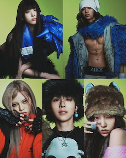 Five K-pop idols in edgy fashion poses with colorful backgrounds and bold outfits