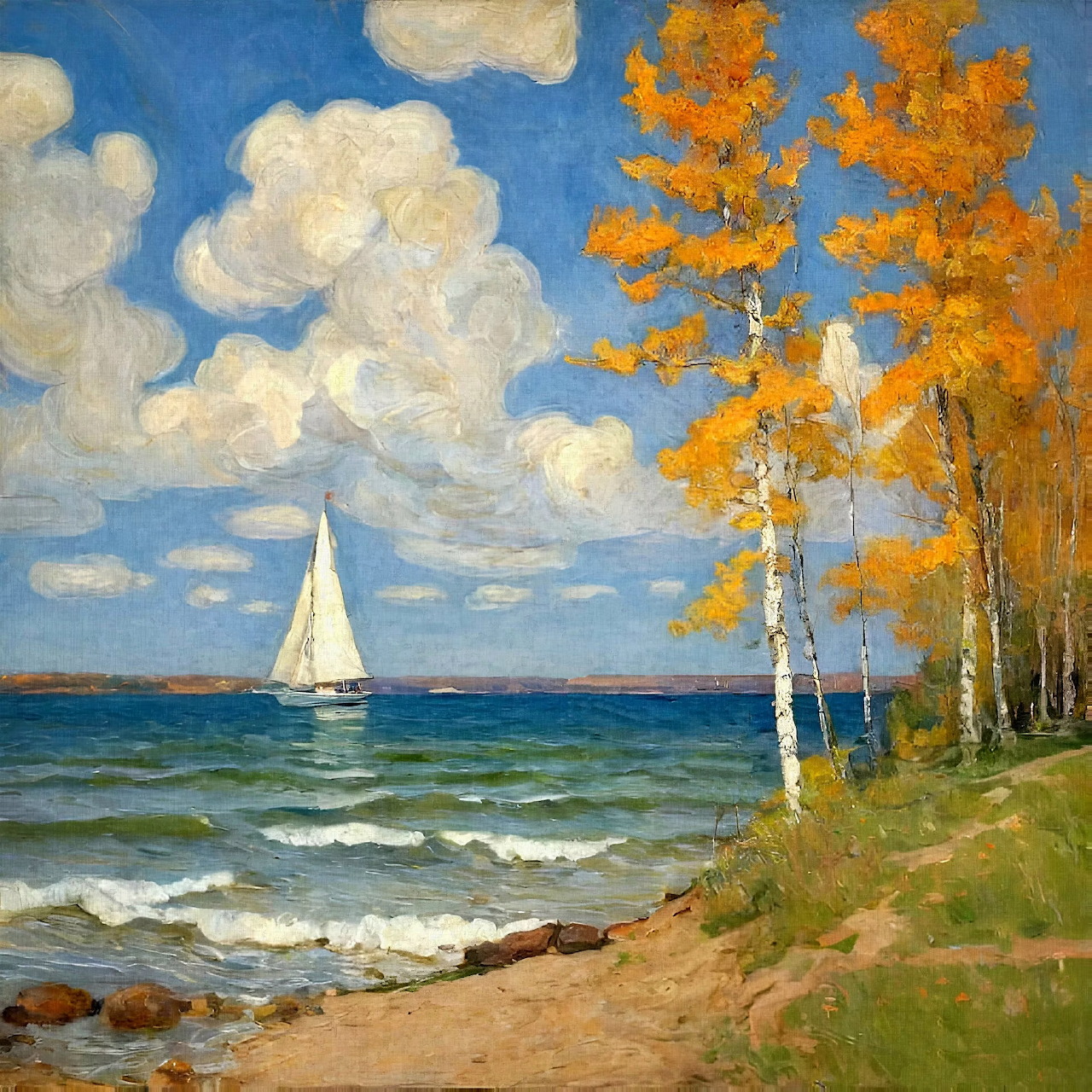 Oil painting of sailboat on lake with golden autumn trees and puffy clouds